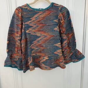 Multicolor Chevron Knit Blouse with Teal Trim